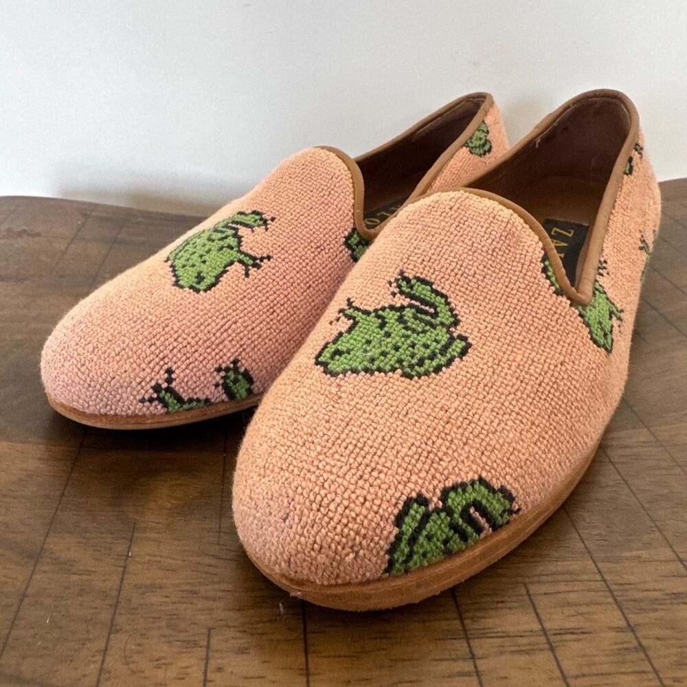ZALO Frog Needlepoint Loafers Womens 8.5 M Pink Green Embroidered Slip On Flats - Picture 8 of 10